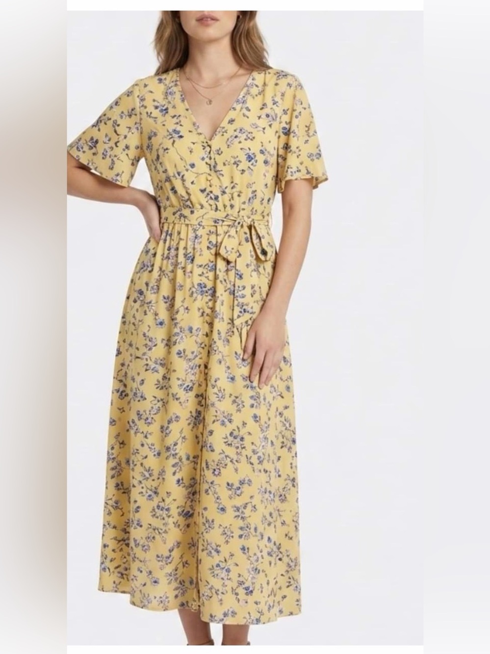 Erika vintage Yellow Floral Midi tie Dress 90’s Y2K modest lightweight boho farm